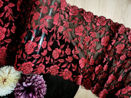 Elastická krajka v šíři 25cm - červenočerná
