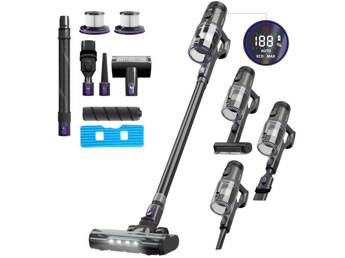 Tyčový aku vysavač Noaton AVC600 Deluxe edice, v balení: 2x HEPA filtr, 2v1 nástavec, štěrbinový, malá motorová hubice, prodlužovací hadice, mop