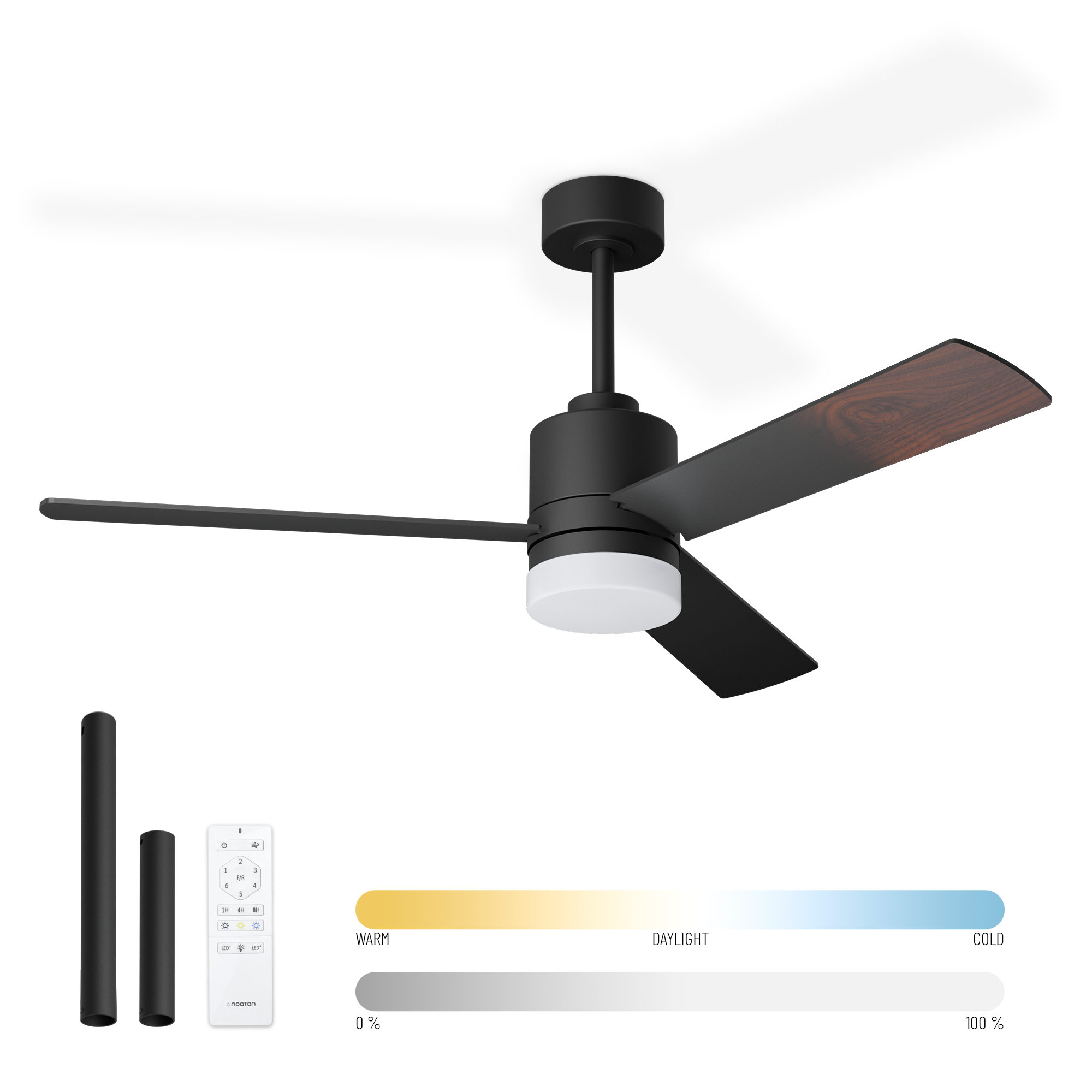 E-shop Noaton 14132BBD Canis, čierna a tmavé drevo, stropný ventilátor so svetlom
