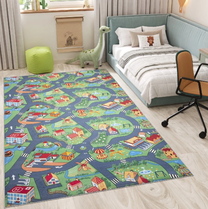 Dětský koberec - SILNICE A FARMA - světle zelený