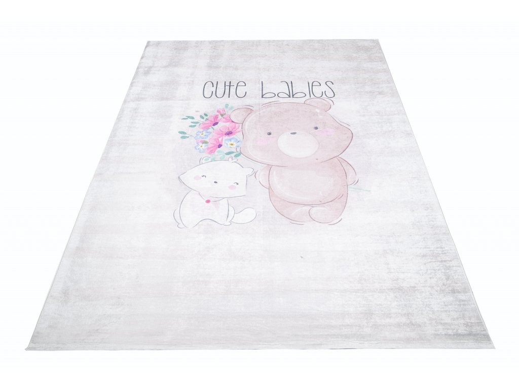 Dětský koberec Emma Kids - medvídek a květiny - šedý