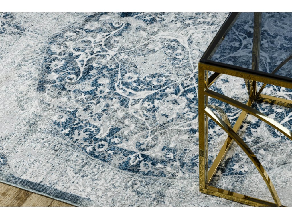 Vintage koberec Dustin s třásněmi - ornament 5 - tmavě modrý/bílý