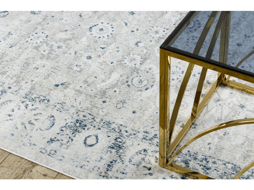 Vintage koberec Dustin s třásněmi - ornament 9 - bílý/tmavě modrý