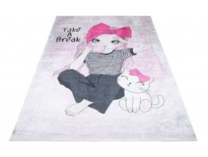 Dětský koberec Emma Kids - holčička a kočička - šedý