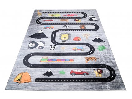 Dětský koberec Emma Kids - cestička a zvířátka - šedý