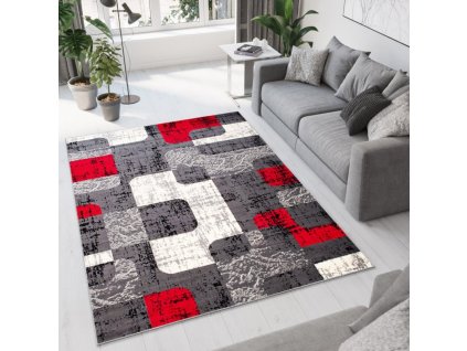 moderni koberec tap geometricke tvary 2 cerveny sedy
