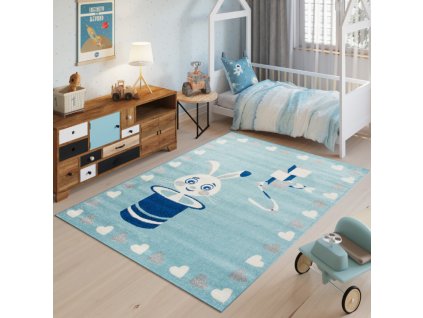 Dětský koberec Happy Kids - králík a srdíčka - modrý