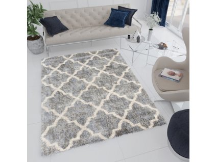 Moderní koberec Versay Shaggy - mřížka - šedý