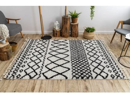 Koberec se střapci Herbert - dlouhý vlas 5 - černý/bílý