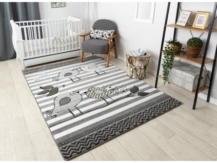 Krásný dětský koberec KINDER - ptáčci 2 - šedý