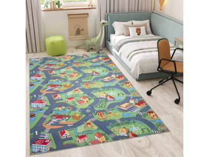 Dětský koberec - SILNICE A FARMA - světle zelený