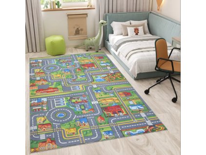 Dětský koberec - SILNICE A MĚSTO - světle zelený