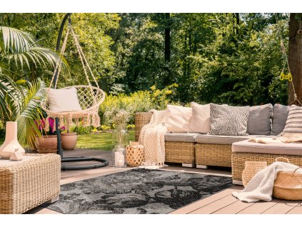 Odolný koberec Sisi Floorlux - květy - šedá/černá