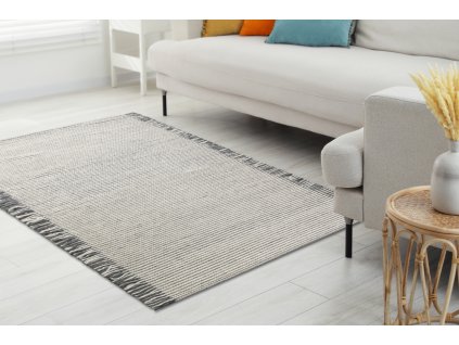 Ručně tkaný vlněný koberec Tarah - třásně - béžový