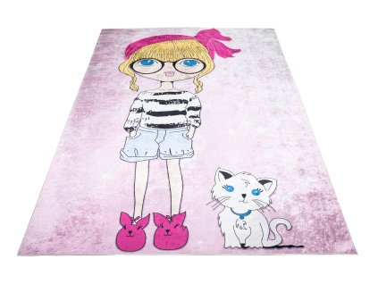 Dětský koberec Emma Kids - dívka a kočička - růžový