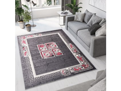 Moderný koberec Tap - štvorce a kvety 2 - tmavo sivý