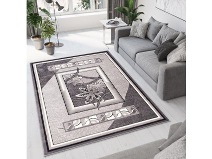 Moderný koberec Tap - štvorce a kvety 1 - sivý