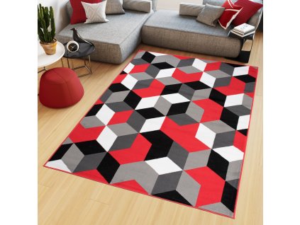 Kusový koberec Maya - geometrické tvary 1 - sivý/červený
