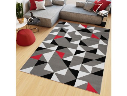 Kusový koberec Maya - trojuholníky 1 - sivý/červený