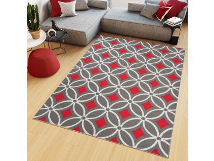Kusový koberec Maya - geometrické tvary 3 - sivý/červený