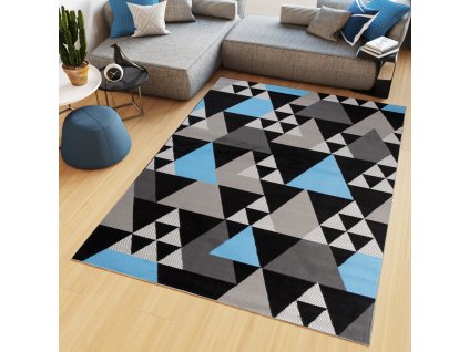 Kusový koberec Maya - trojuholníky 2 - čierny/modrý
