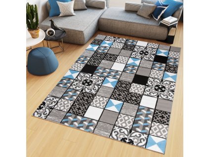 Kusový koberec Maya - geometrické tvary 5 - sivý/modrý
