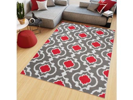 Kusový koberec Maya - geometrické tvary 3 - sivý/červený