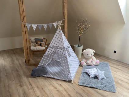 Dětský stan TEEPEE KIDS - šedobílé hvězdičky