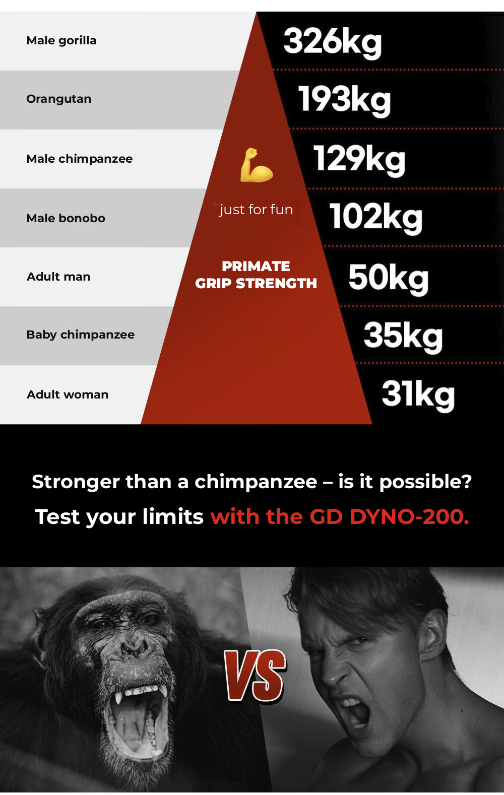 Grip strength comparison between primates and humans