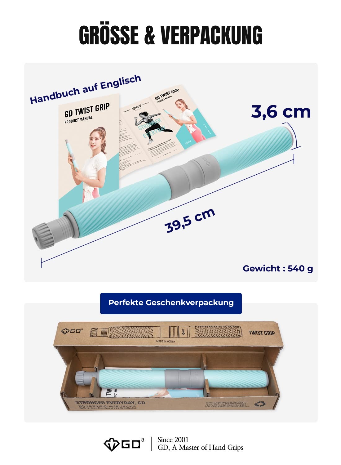 GD Twist Grip – Maße 39,5 cm, Durchmesser 3,6 cm, Gewicht 540 g und Geschenkverpackung