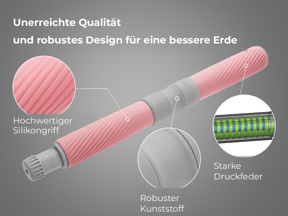 Hochwertiges Silikon, robuster Kunststoff und starke Druckfeder