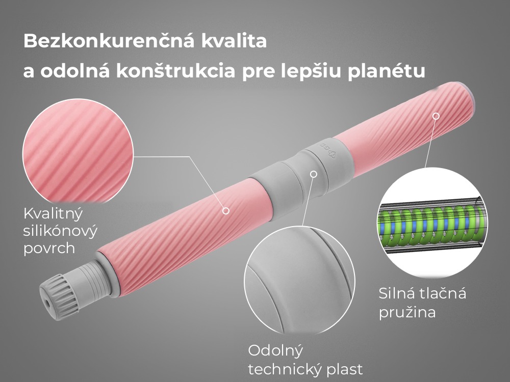 Kvalitný silikón, odolný technický plast a silná tlačná pružina