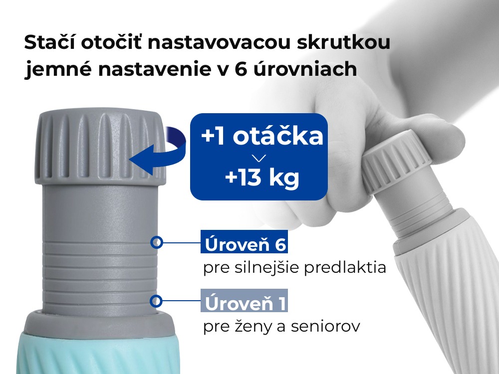Šesť úrovní odporu – jedna otočka pridá približne 13 kg