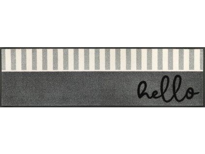 Interiérová rohožka Hello Stripes, prateľná s pásikmi a nápisom Hello