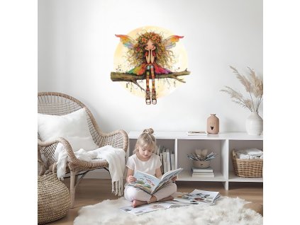 Tündér falmatrica gyerekszobába – Színes ruhás, göndör hajú tündér