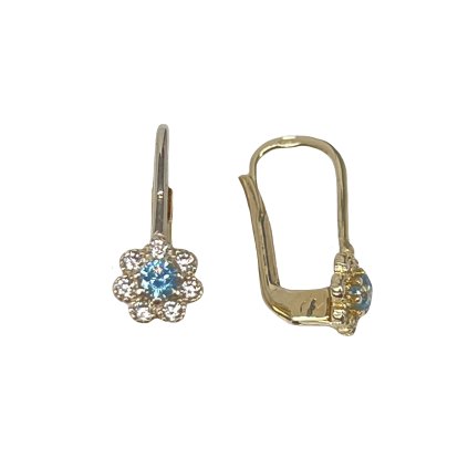Zlaté detské náušnice v tvare kvietka s modrými zirkónmi