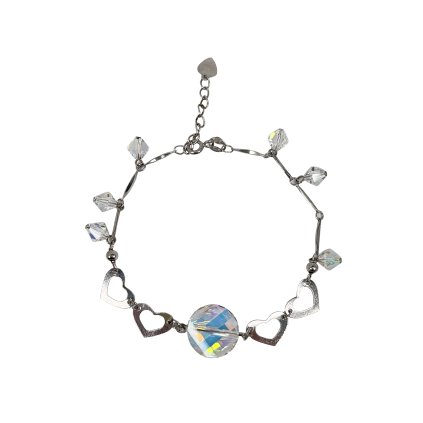 Strieborný náramok s Ab kryštálmi a srdiečkami