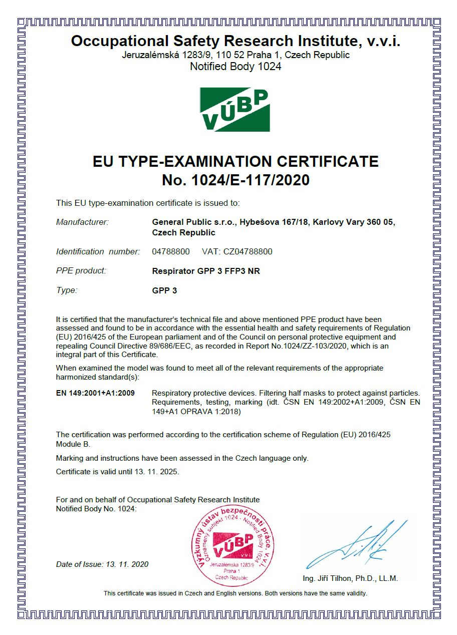 Certifikácia – Respirátor GPP3 FFP3 NR (CE)