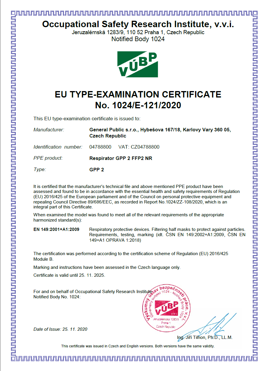 Certifikácia – Respirátor GPP2 FFP2 NR (CE)