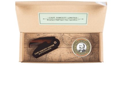 Darčekový set Cpt. Fawcett — Booze & Baccy Moustache Wax & Comb