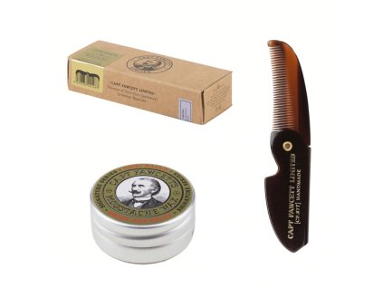 Darčekový set Cpt. Fawcett — Booze & Baccy Moustache Wax & Comb
