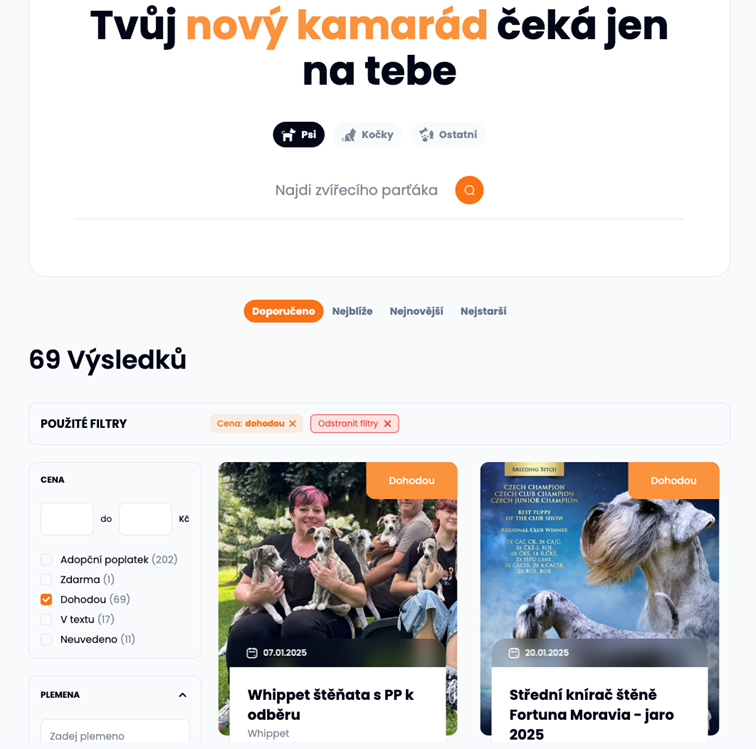 Moderní platforma pro prodej psů s PP