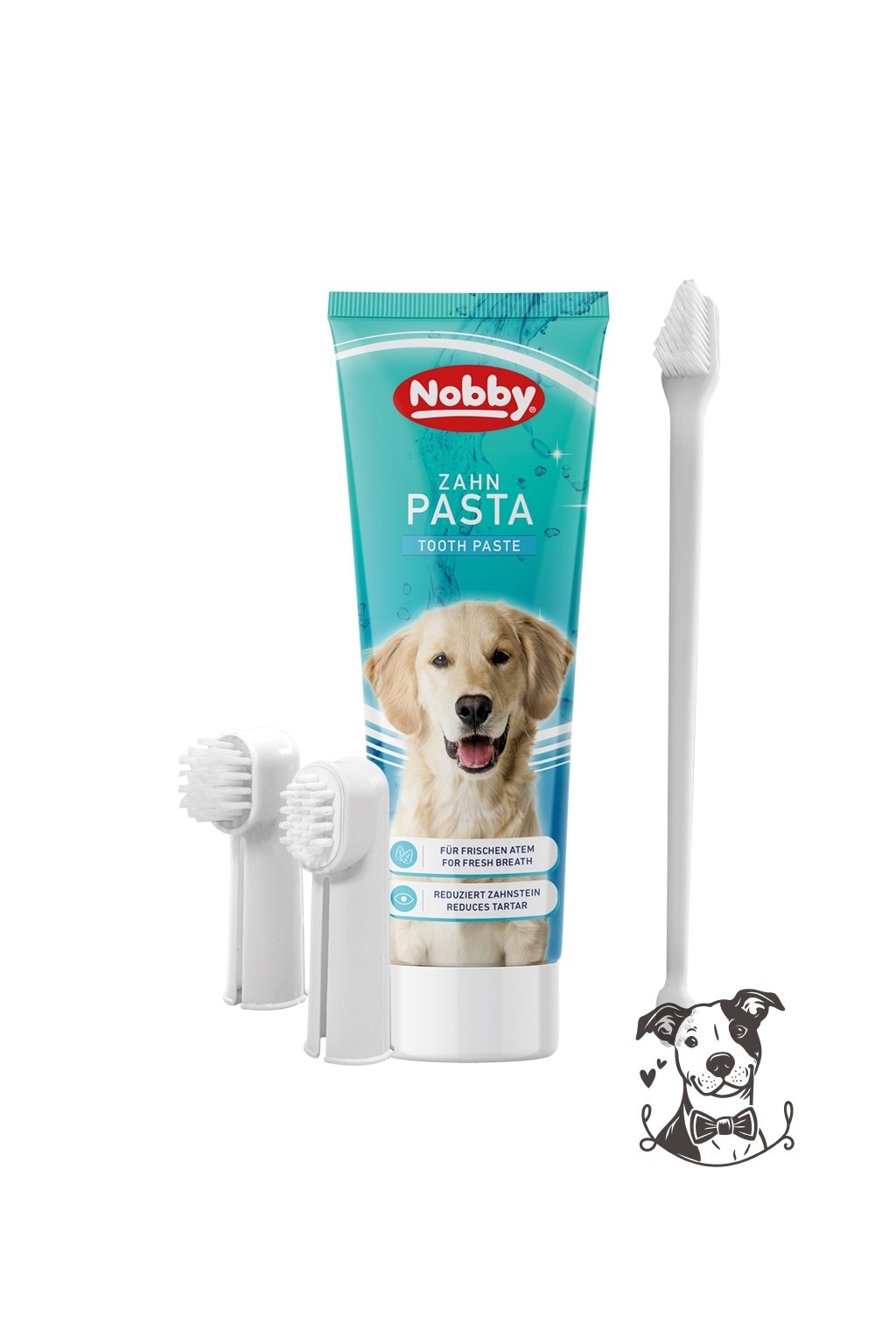 Set na čištění zubů psa: zubní pasta s mátou 100g + 1ks oboustranný a 2ks prstový kartáček - Nobby