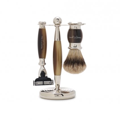 Edwardian Set Faux Horn Badger Brush Mach III Razor Stand