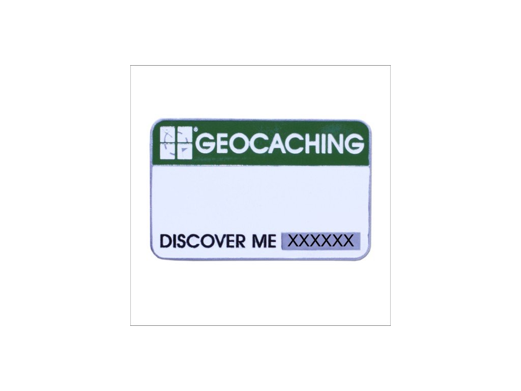 Trackovacia menovka na eventy, geocachingTrackable event cache name tag.