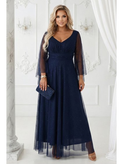 655 3 dluga polyskujaca w swietle suknia z dekoltem i transparentnym rekawkiem granatowa 20317