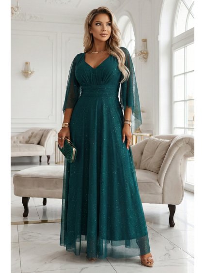 655 2 dluga polyskujaca w swietle suknia z dekoltem i transparentnym rekawkiem szmaragdowa zie 20301