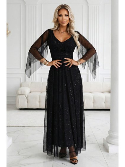 655 1 dluga polyskujaca w swietle suknia z dekoltem i transparentnym rekawkiem czarna 20297