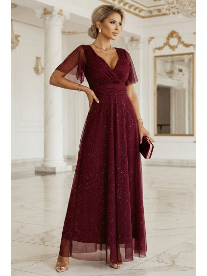635 5 melania dluga blyszczaca suknia z dekoltem i krotkim rekawkiem bordowa 20278 (1)