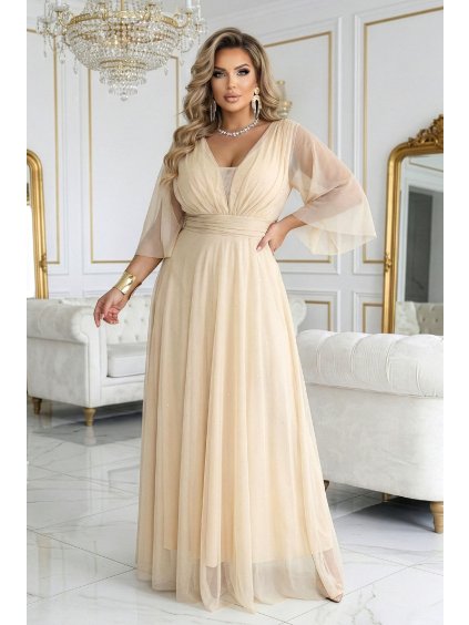 654 2 dluga polyskujaca sukienka plus size z dekoltem i transparentnym rekawkiem szampanski be 20592 (1)